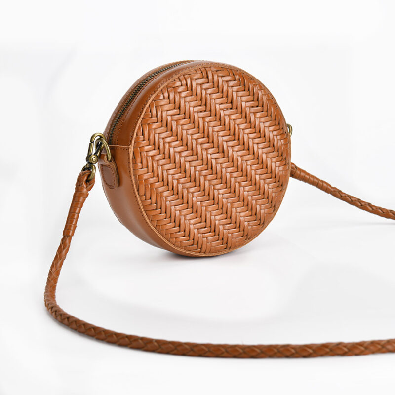 Women's Brown Woven Crossbody Round Purse in Genuine Leather