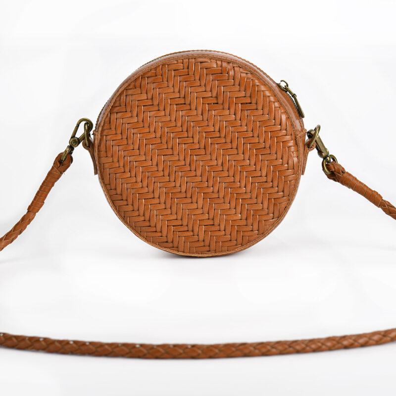 Women's Brown Woven Crossbody Round Purse in Genuine Leather