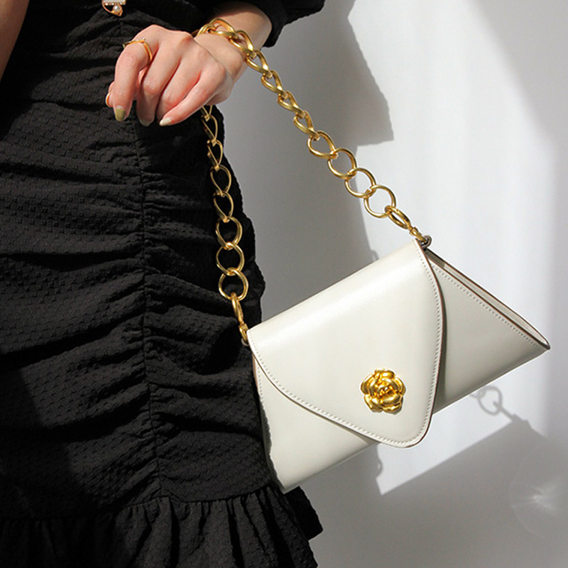 Women's Gold Chains Flap Baguette Bags in Vegan Leather