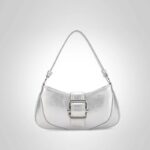 Women's Genuine Leather Minimalist Lock Shoulder Baguette Bag