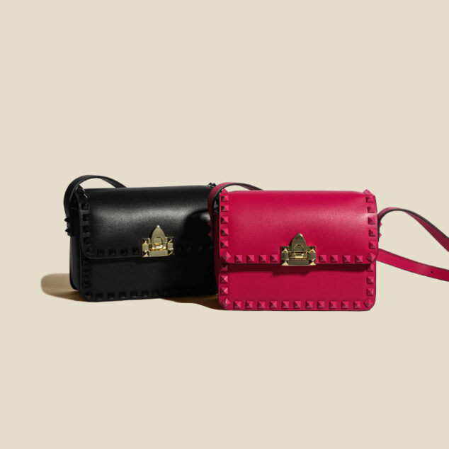 Women's Genuine Leather Studded Lock Closure Baguette Bag