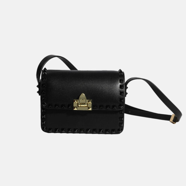 Women's Genuine Leather Studded Lock Closure Baguette Bag
