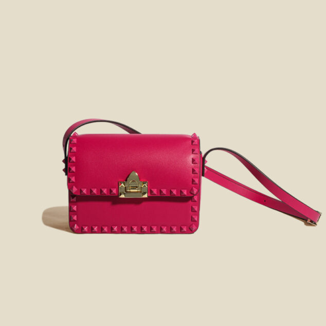 Women's Genuine Leather Studded Lock Closure Baguette Bag