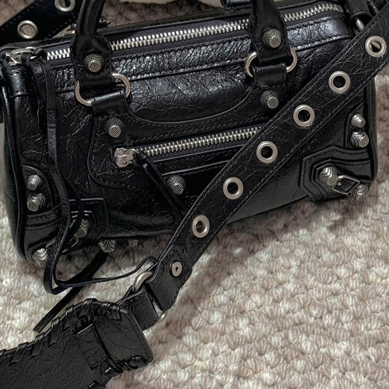 Women's Genuine Leather Studded Zipper Top Handle Bag - ROMY TISA