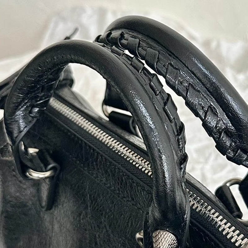 Women's Genuine Leather Studded Zipper Top Handle Bag