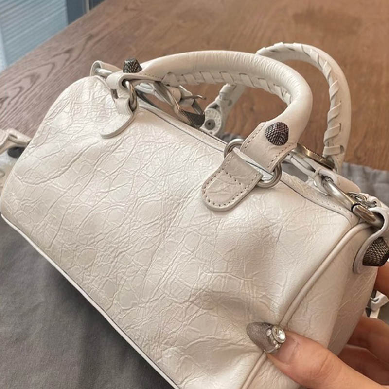 Women's Genuine Leather Studded Zipper Top Handle Bag