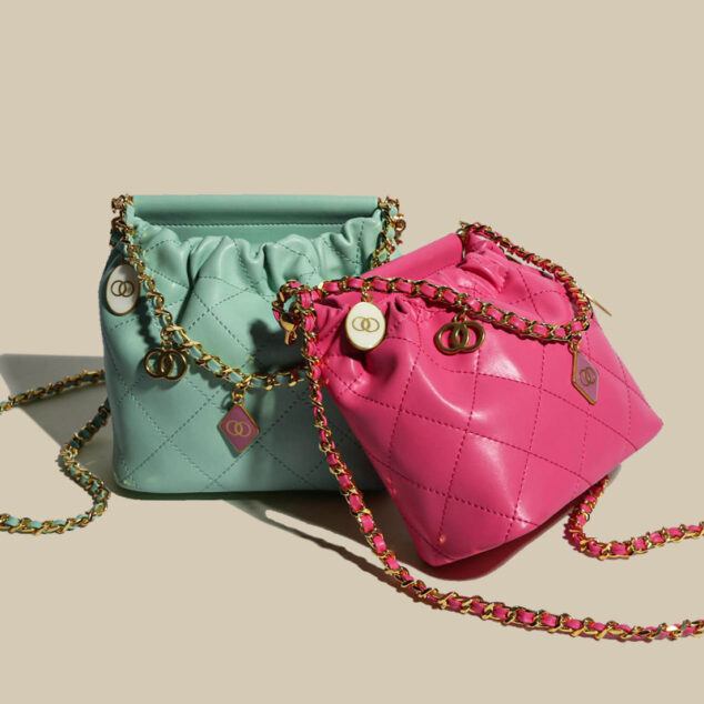 Women's Leather Quilted Chain Crossbody Bucket Bag