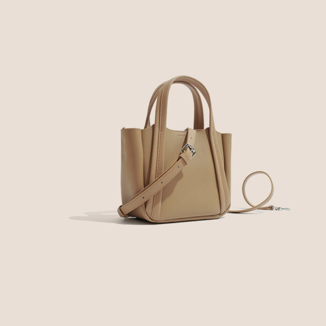 Apricot Genuine Leather Top Handle Minimalist Bucket Bag with Wide Strap