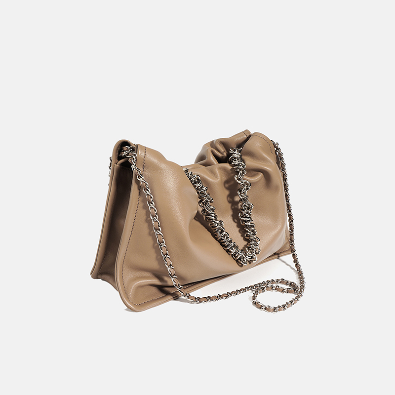 Solid Color Minimalist Shoulder Bag With Chain Strap And Pleated