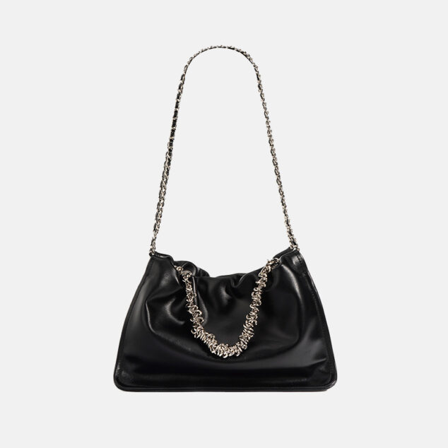 Solid Color Minimalist Shoulder Bag With Chain Strap And Pleated