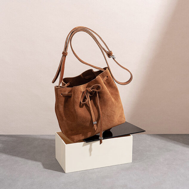 Women's Minimalist Genuine Leather Shoulder Bucket Bag with Drawstring -  ROMY TISA