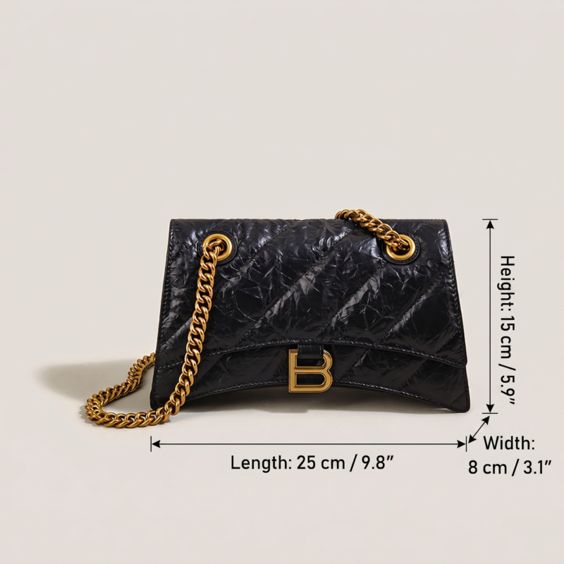 Schwarze Echtleder Quilted Chain Crossbody Tasche für Frauen mit Falten
