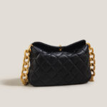Women's Black Vintage Genuine Leather Quilted Lock Chain Crossbody Bag