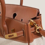 Women's Brown And White Leather Canvas Top Handle Bag
