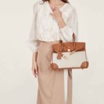 Damen Braun mit weißem Leder Canvas Top Handle Tasche