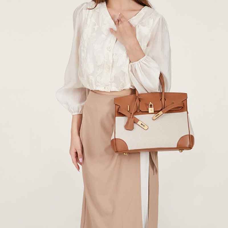Damen Braun mit weißem Leder Canvas Top Handle Tasche