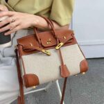 Damen Braun mit weißem Leder Canvas Top Handle Tasche