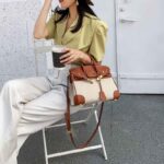 Damen Braun mit weißem Leder Canvas Top Handle Tasche