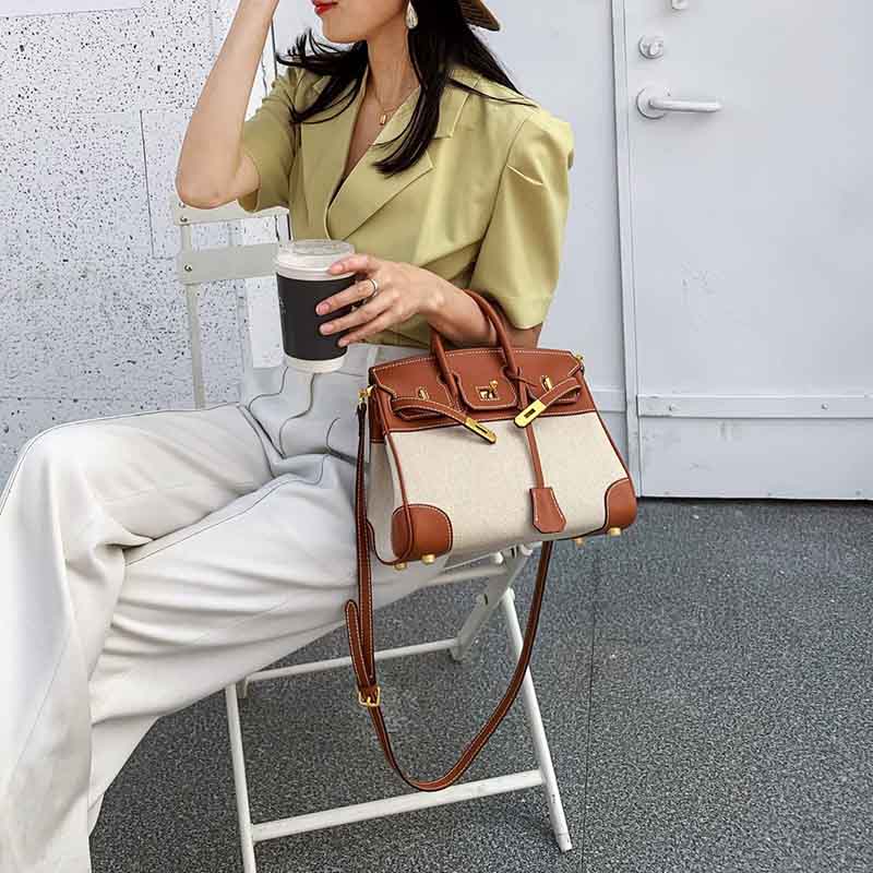 Damen Braun mit weißem Leder Canvas Top Handle Tasche