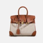 Damen Braun mit weißem Leder Canvas Top Handle Tasche