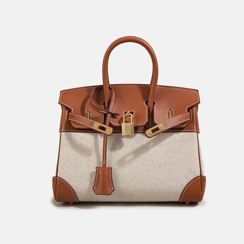 Sac à main en toile marron et cuir blanc pour femmes
