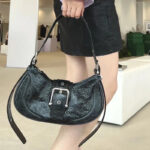 Women's Genuine Leather Hook Lock Crossbody Baguette Bag