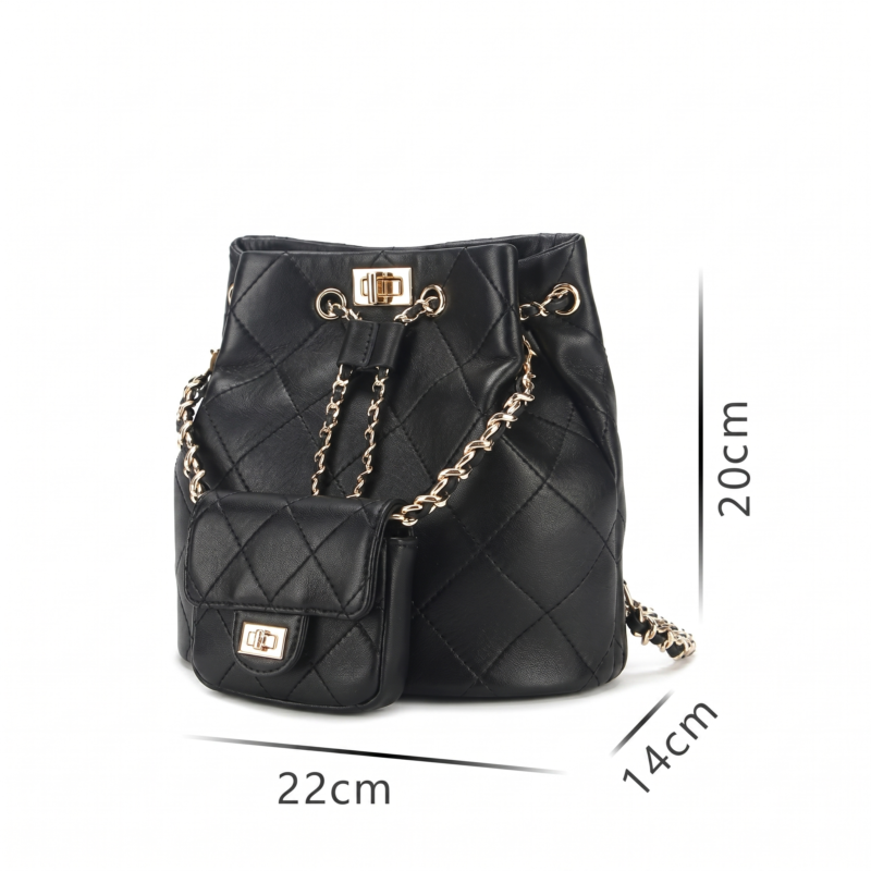 Damen Echtes Leder Gesteppte Kette Rucksack Eimer Tasche
