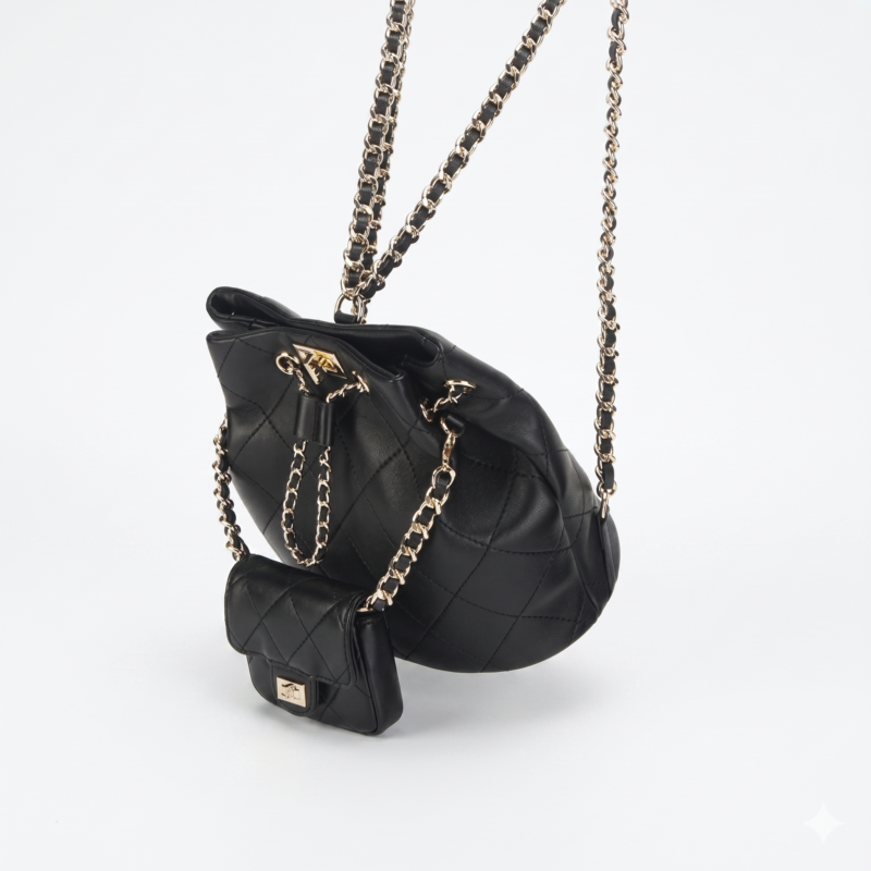 Damen Echtes Leder Gesteppte Kette Rucksack Eimer Tasche