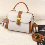Sac à main rétro en cuir véritable avec bloc de couleurs et poignée supérieure