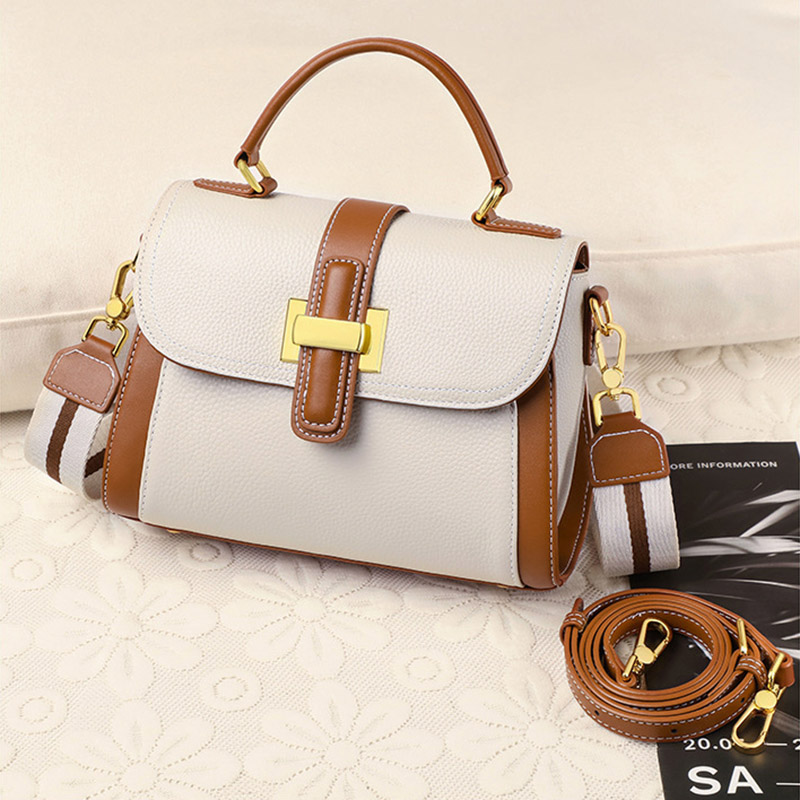 Sac à main rétro en cuir véritable avec bloc de couleurs et poignée supérieure
