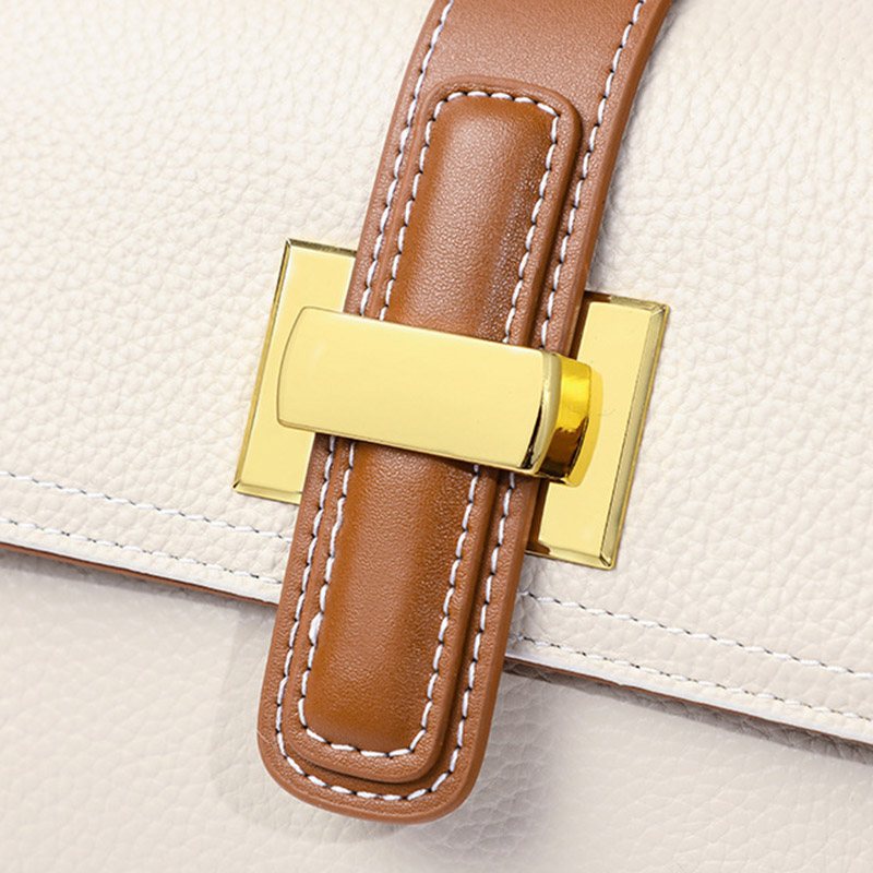 Sac à main rétro en cuir véritable avec bloc de couleurs et poignée supérieure