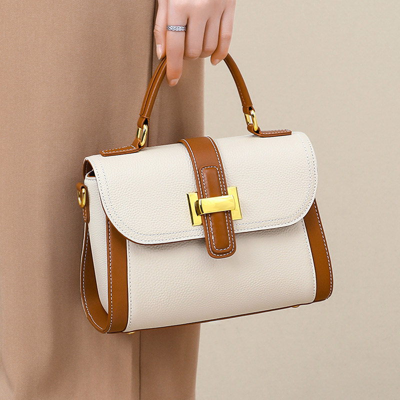 Sac à main rétro en cuir véritable avec bloc de couleurs et poignée supérieure
