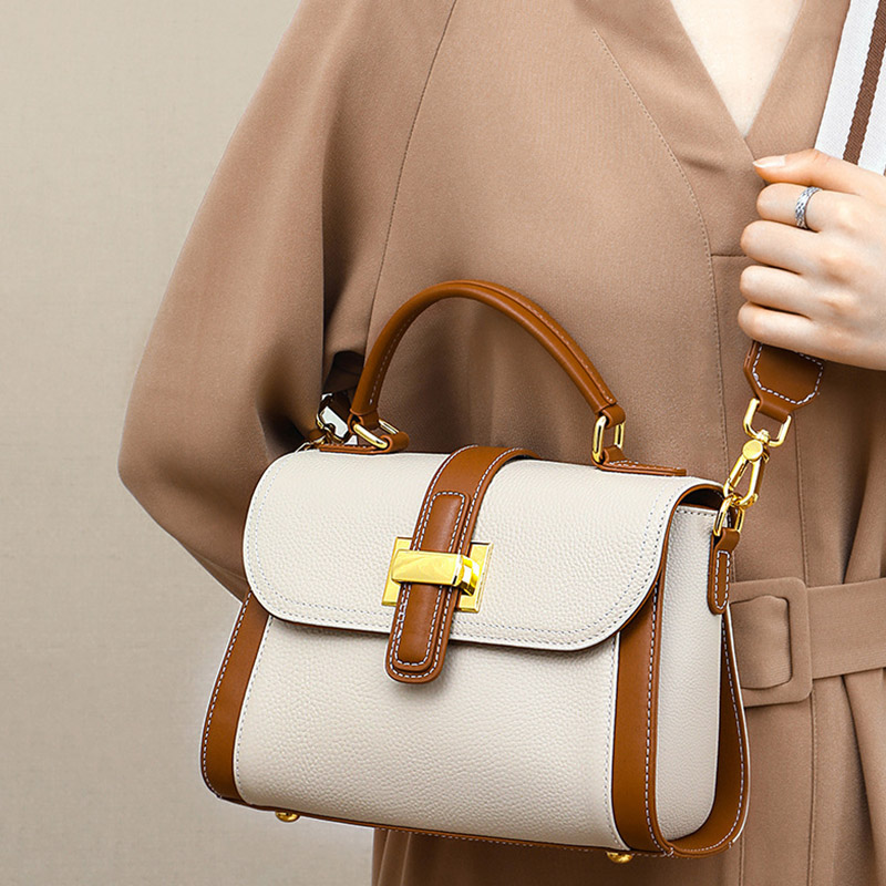 Sac à main rétro en cuir véritable avec bloc de couleurs et poignée supérieure