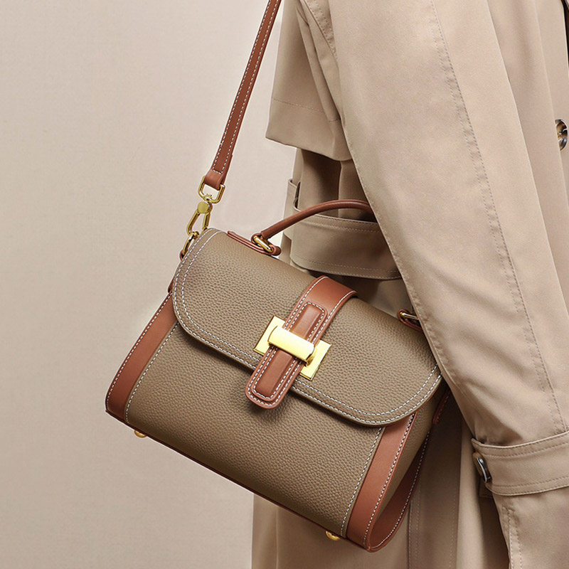 Sac à main rétro en cuir véritable avec bloc de couleurs et poignée supérieure