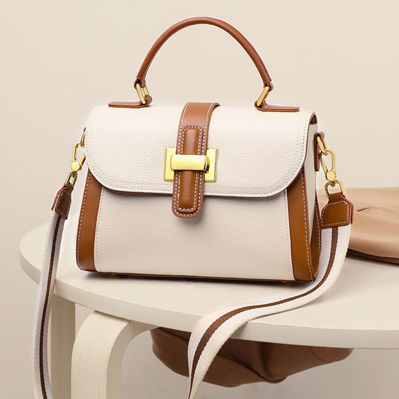 Sac à main rétro en cuir véritable avec bloc de couleurs et poignée supérieure