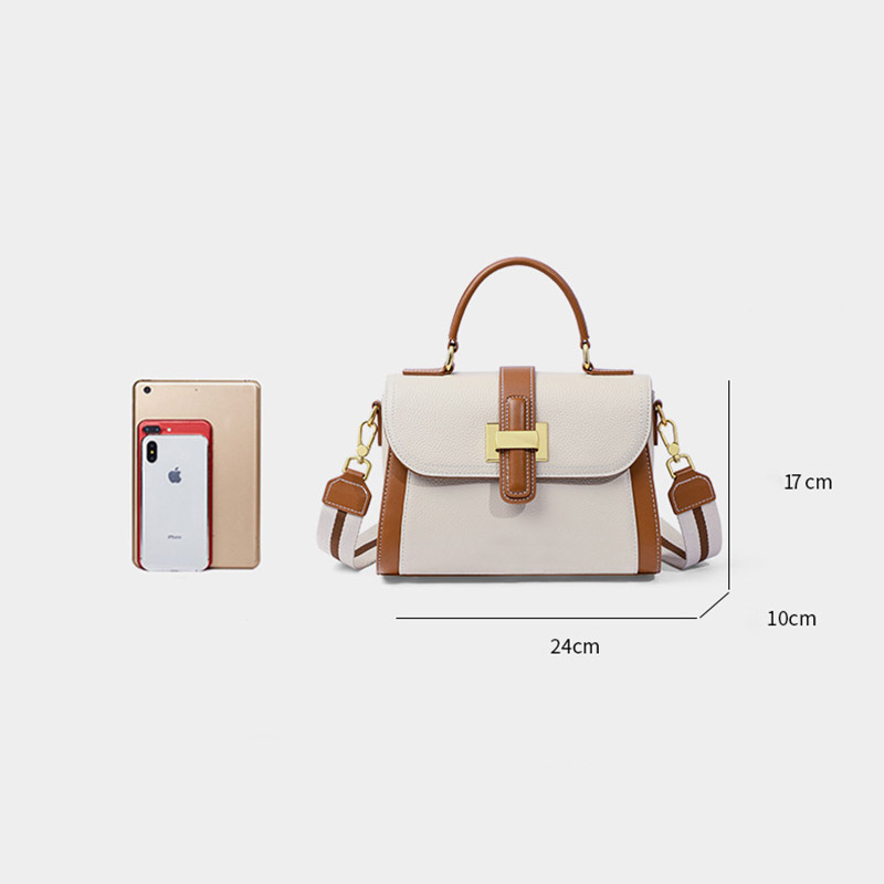 Sac à main rétro en cuir véritable avec bloc de couleurs et poignée supérieure