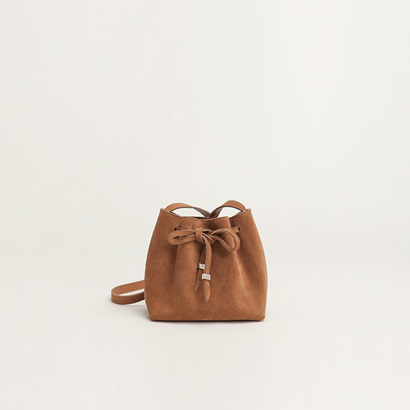 Damen Vintage Matte Echtes Leder Drawstring Crossbody Bucket Bag