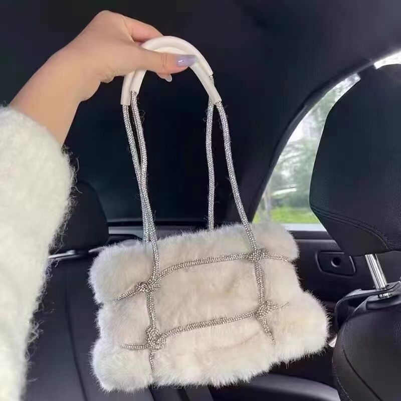 Women's Fuzzy Rhinestone Strap Tie Up Handbags photo review