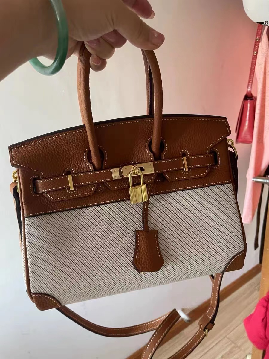 Women's Brown And White Leather Canvas Top Handle Bag photo review