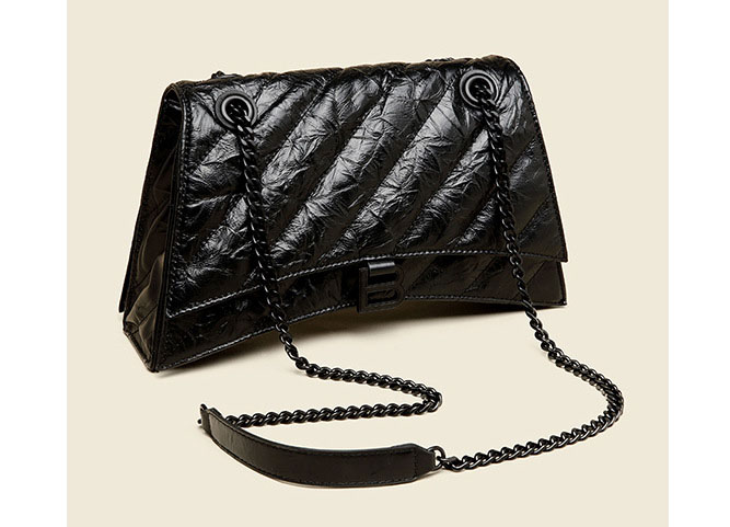 Women's Black Leather B Logo Quilted Chain Crossbody Bag