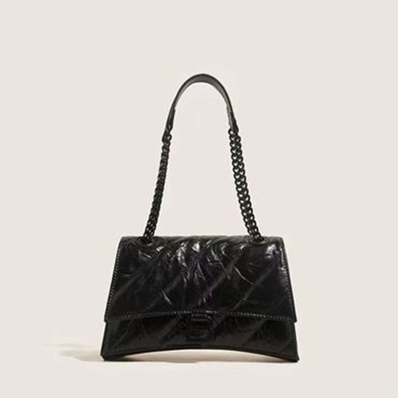 Women's Black Leather B Logo Quilted Chain Crossbody Bag