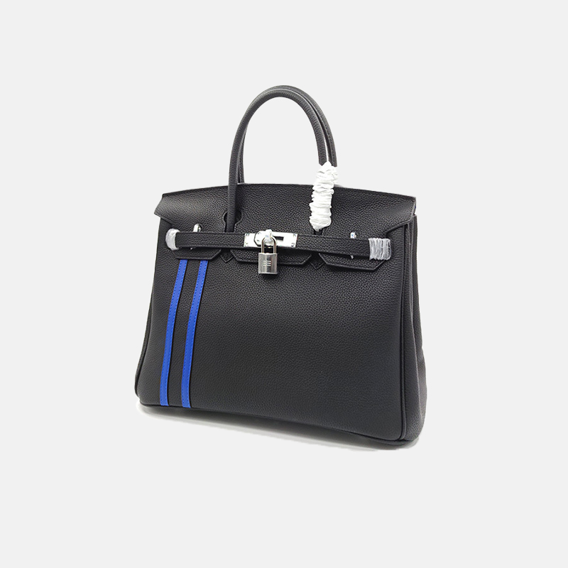 Women's Black With Blue Striped Leather Top Handle Bag with Lock Closure