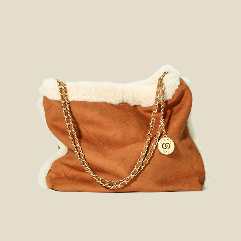 Women's Brown Leather Sheepskin Chain Crossbody Tote Bag