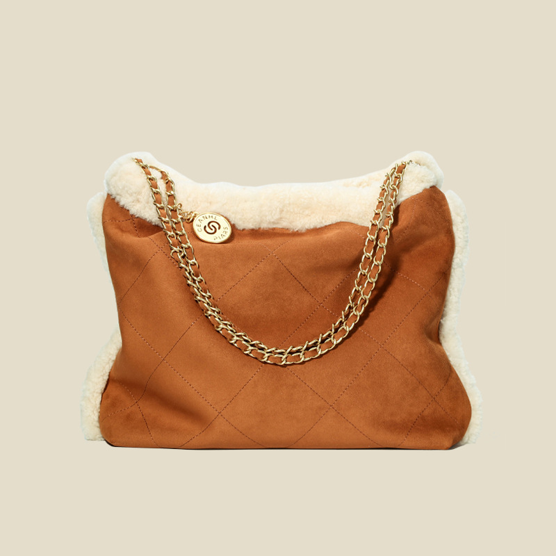 Women's Brown Leather Sheepskin Chain Crossbody Tote Bag