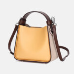 Women's Coffee Yellow Genuine Leather Color Block Crossbody Bucket Bag