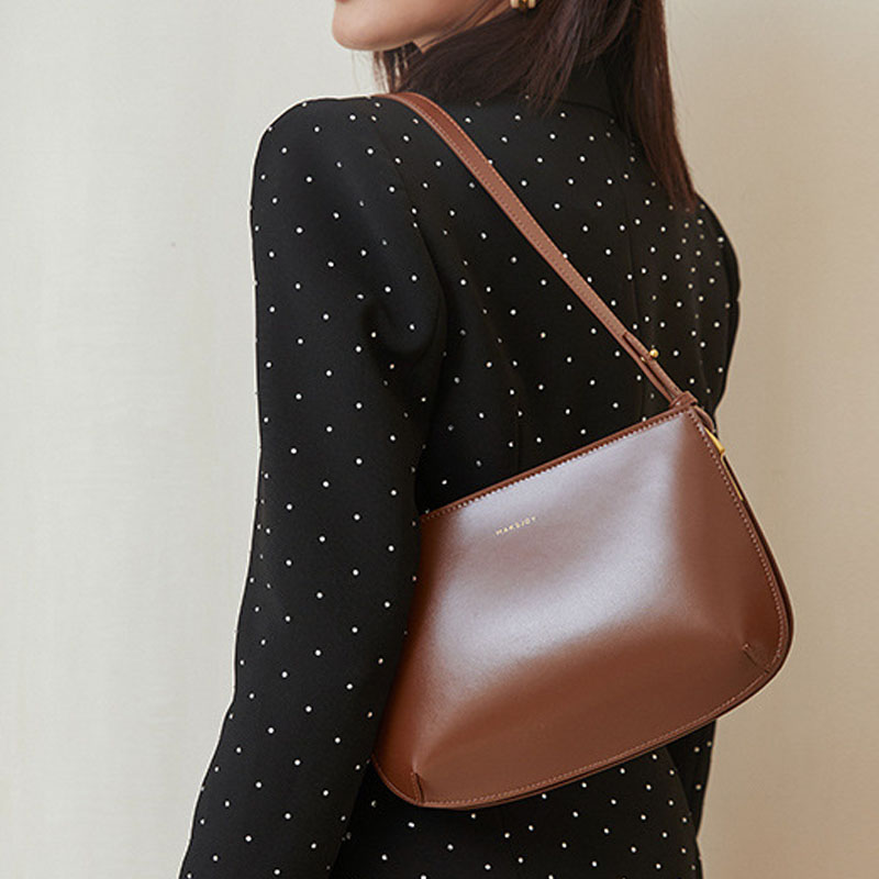 Sac baguette minimaliste en cuir véritable avec fermeture à glissière et bandoulière pour femmes