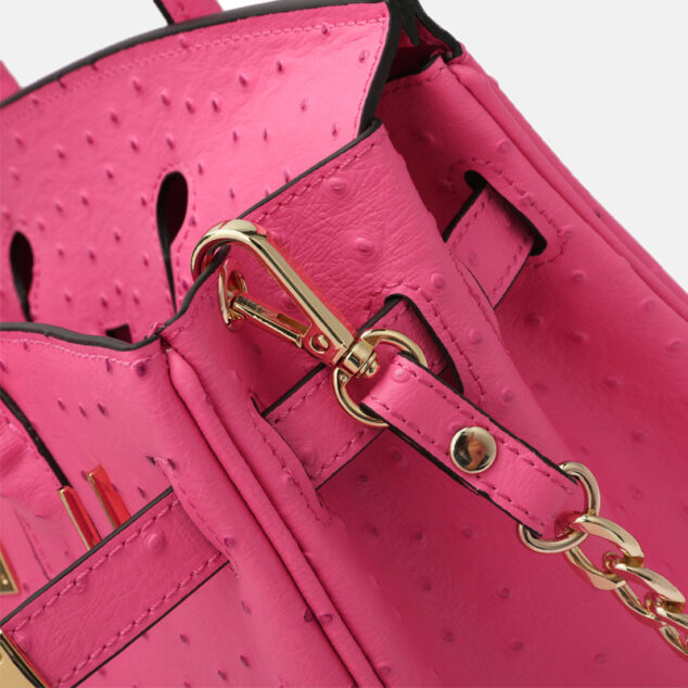 Women's Genuine Leather Ostrich Pattern Chain Crossbody Top Handle Bag