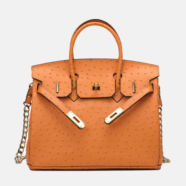 Women's Genuine Leather Ostrich Pattern Chain Crossbody Top Handle Bag