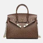 Women's Genuine Leather Ostrich Pattern Chain Crossbody Top Handle Bag