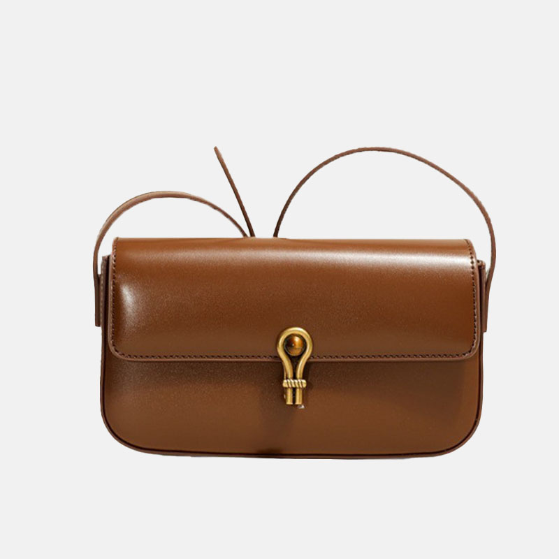 Women's Genuine Leather Shoulder Baguette Bag with Gold-Tone Hardware